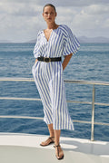 Yarn Dyed Linen Stripe Blouson Sleeve Dress