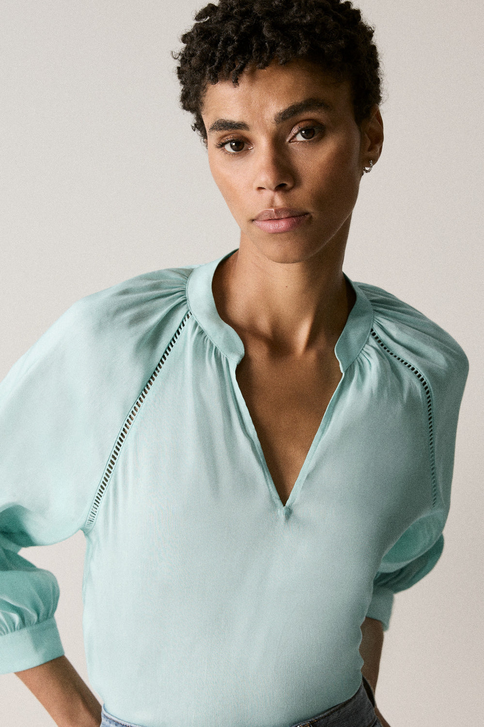 Linen Silk Lattice Trim Blouse