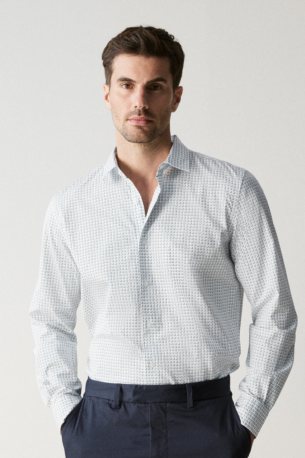 Tailored Fit Cotton Square Geo Print Shirt