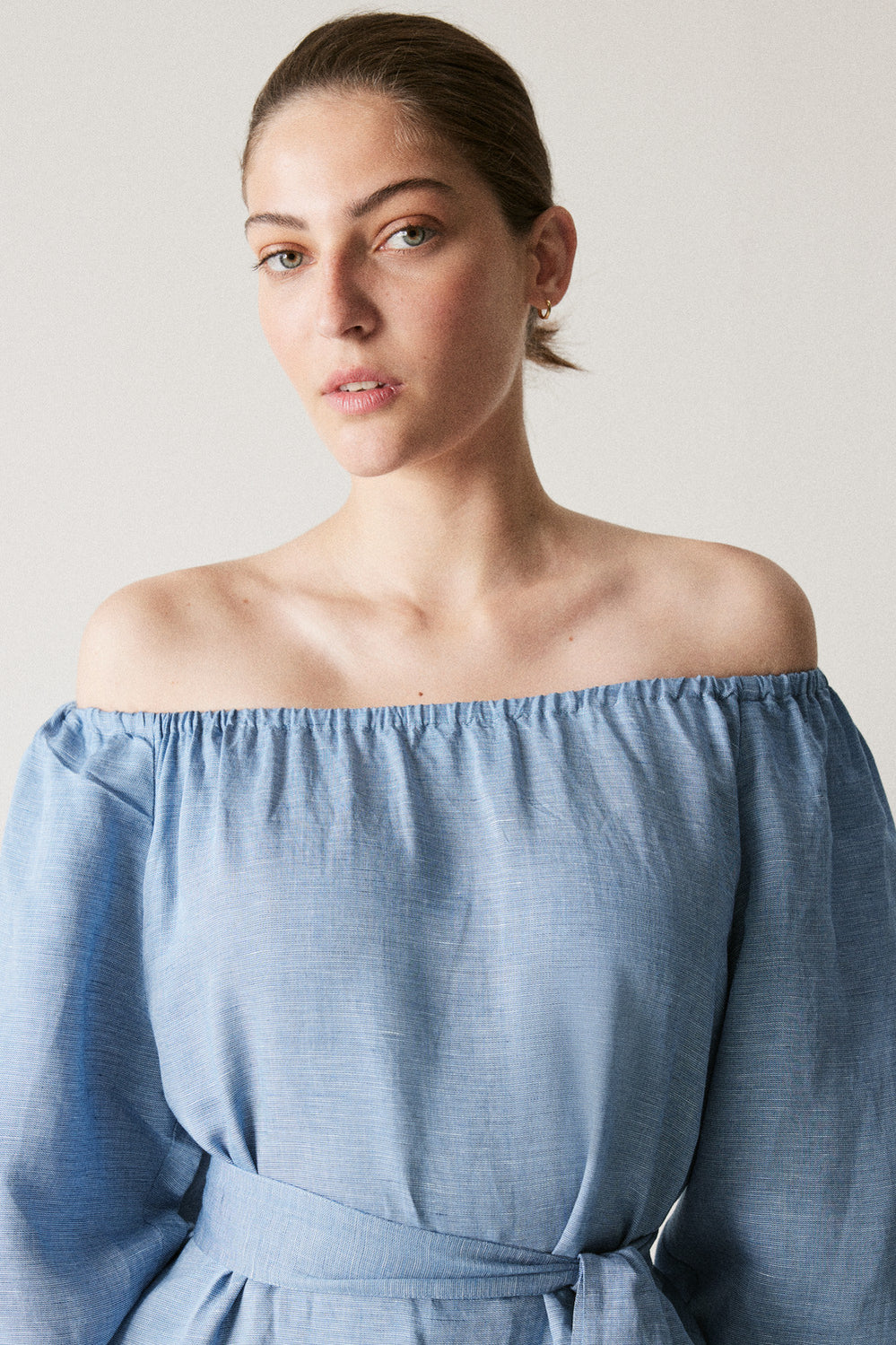 Yarn Dyed Linen Blend Boat Neck Blouse