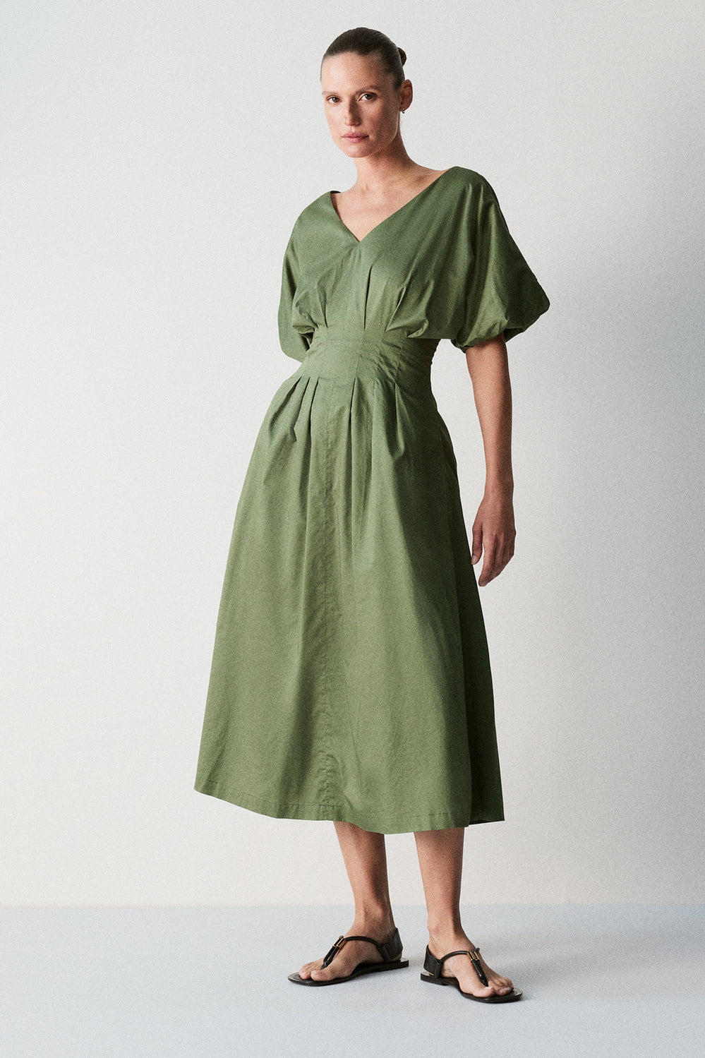 Cotton Sateen Pleat Waist Dress