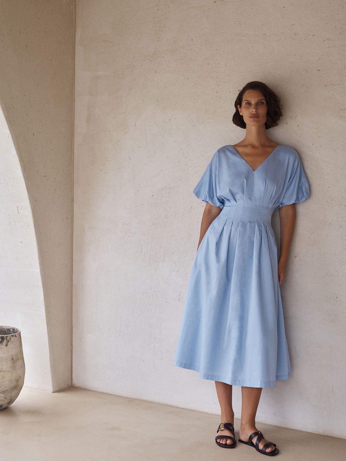 Cotton Sateen Pleat Waist Dress