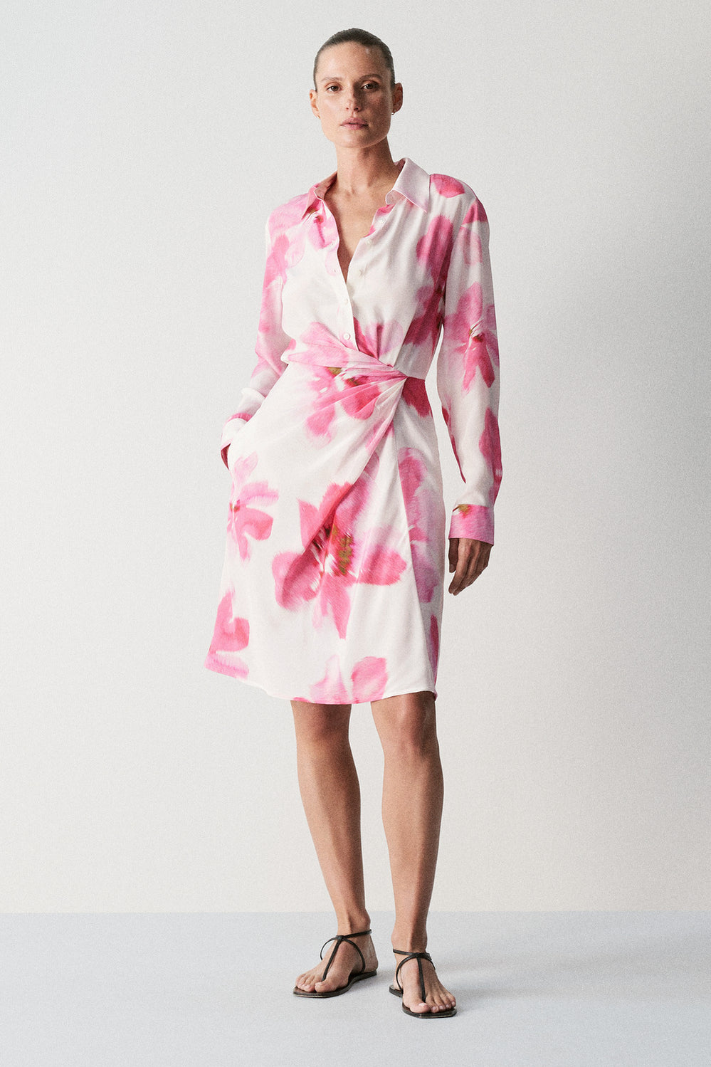 Silk Floral Wrap Shirt Dress