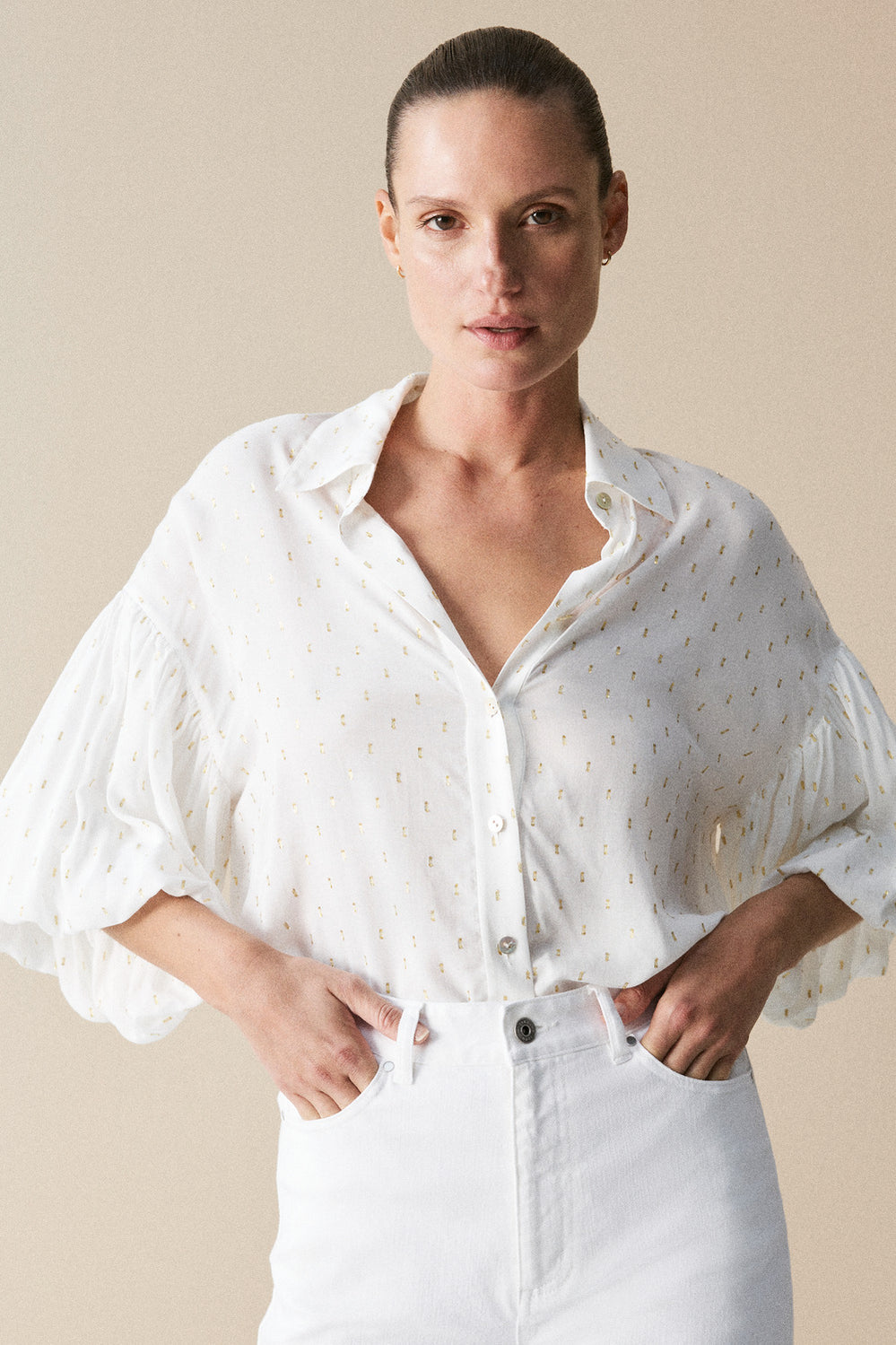 Viscose Voile Metallic Blouson Sleeve Blouse