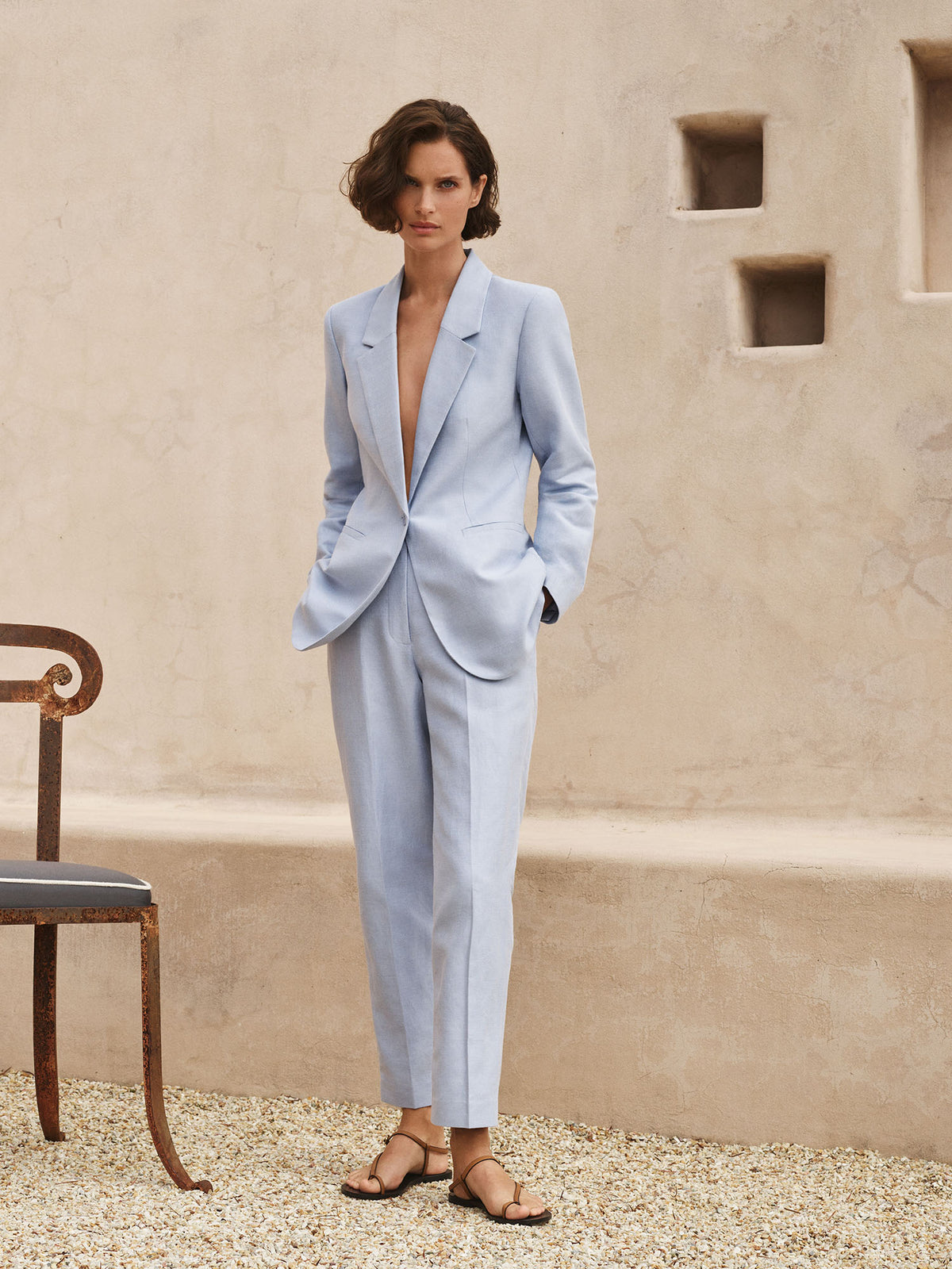 Linen Cotton Twill Tie Wrap Blazer