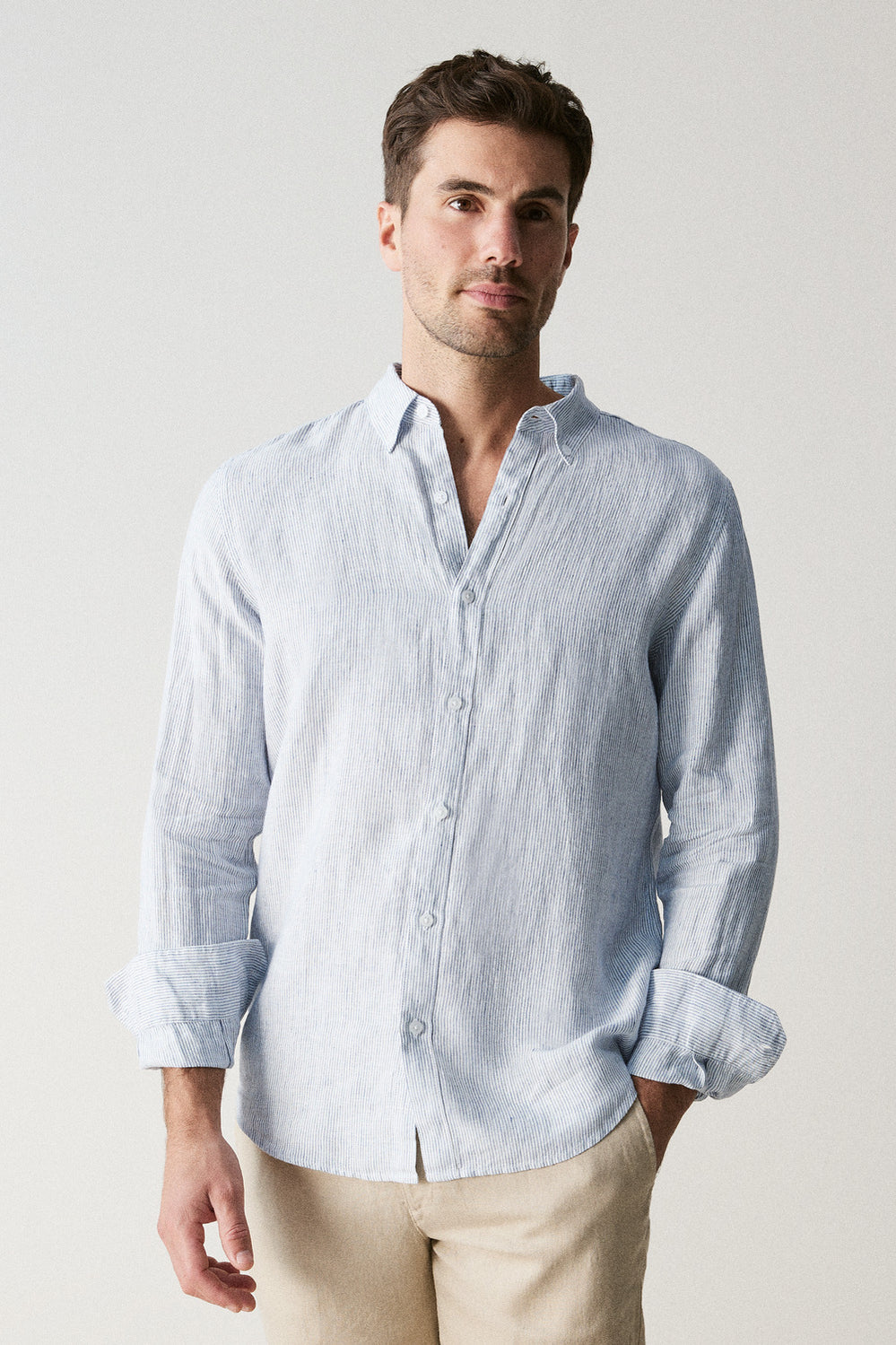 Regular Fit Yarn Dyed Linen Fine Stripe Shirt