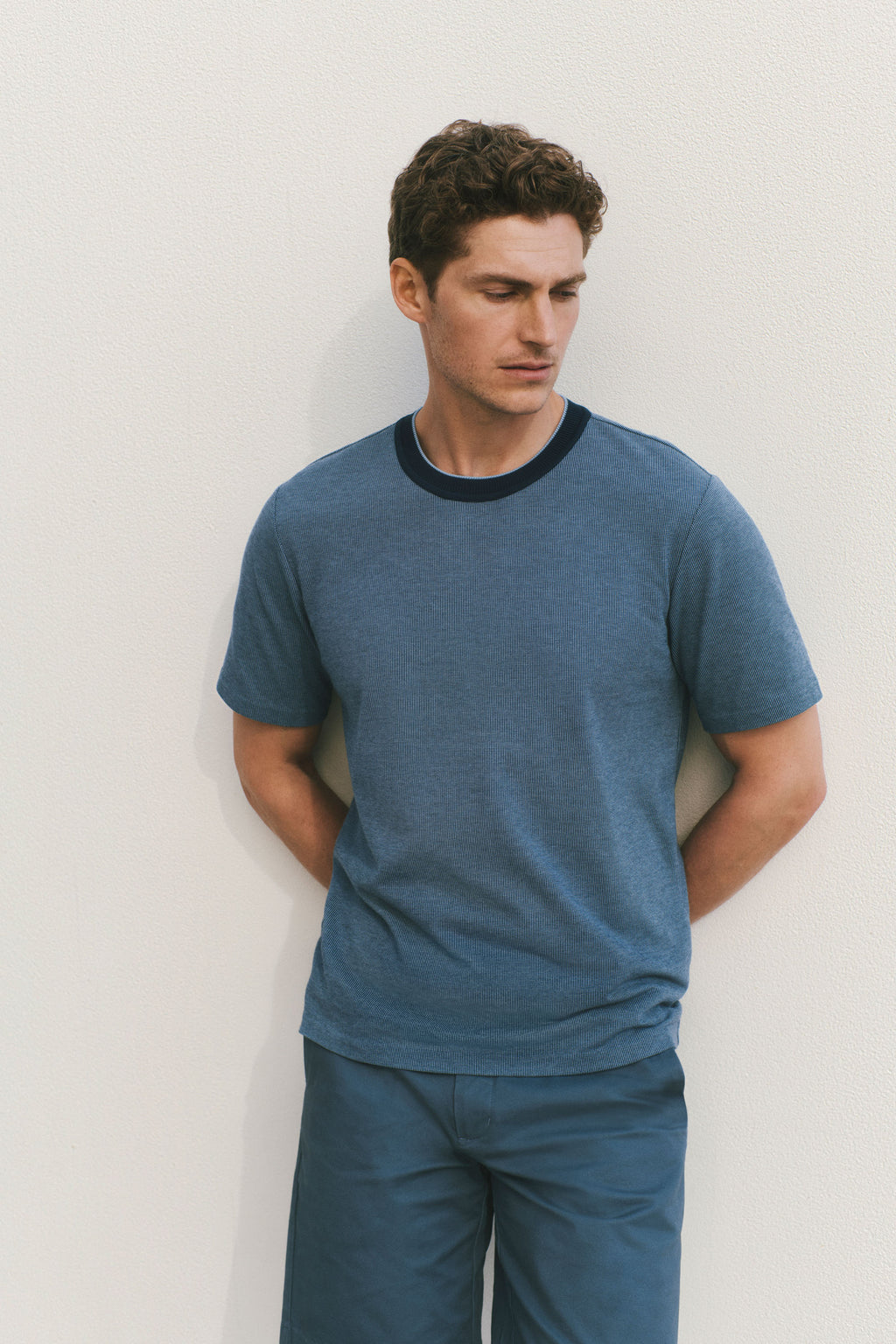 Cotton Jacquard Contrast Collar T-Shirt