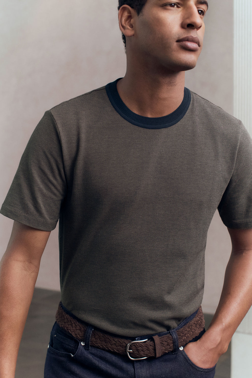 Cotton Jacquard Contrast Collar T-Shirt