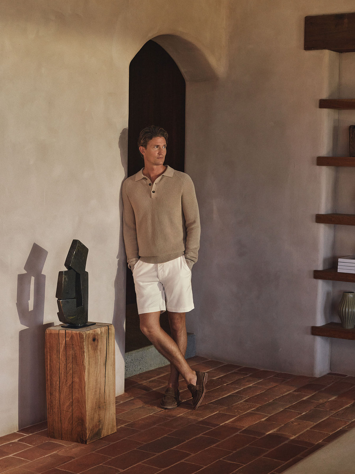 Cotton Rib Knit Long Sleeve Polo