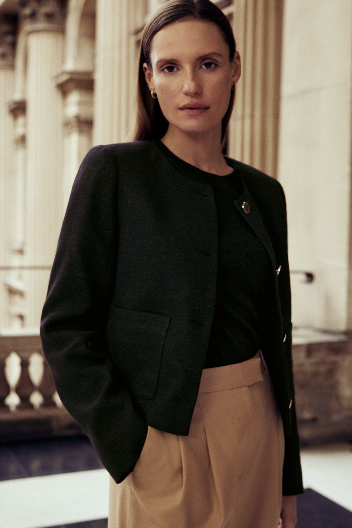 Linen Blend Metallic Cropped Jacket