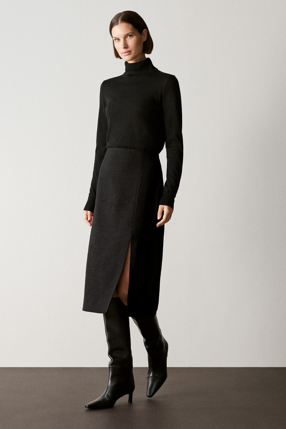 Linen Blend Metallic Side Split Skirt