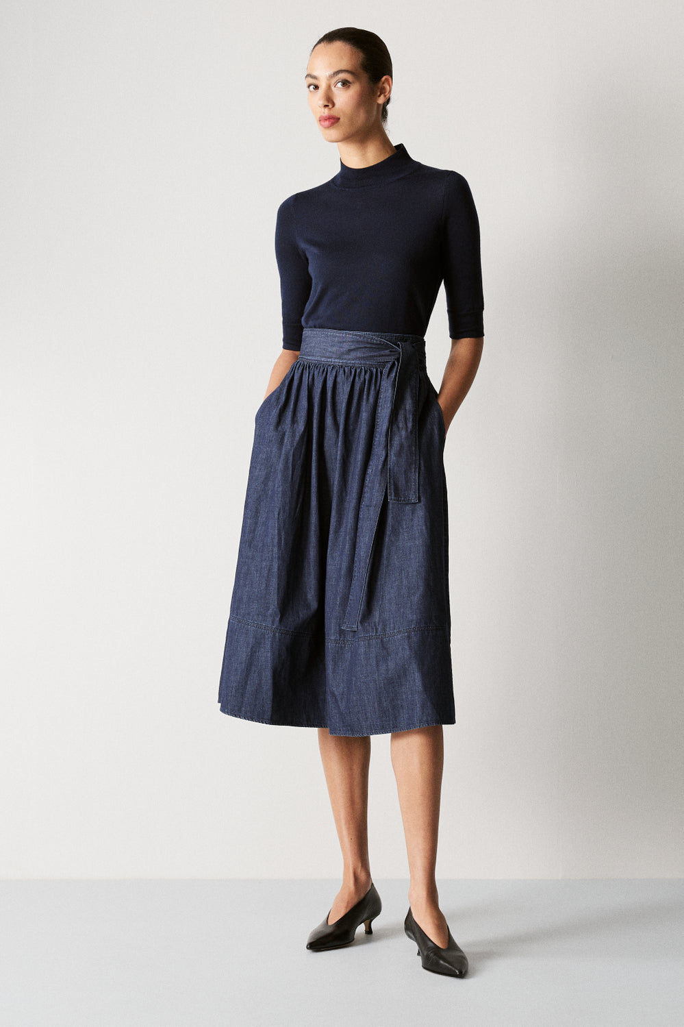 Denim Tie Waist Full Skirt