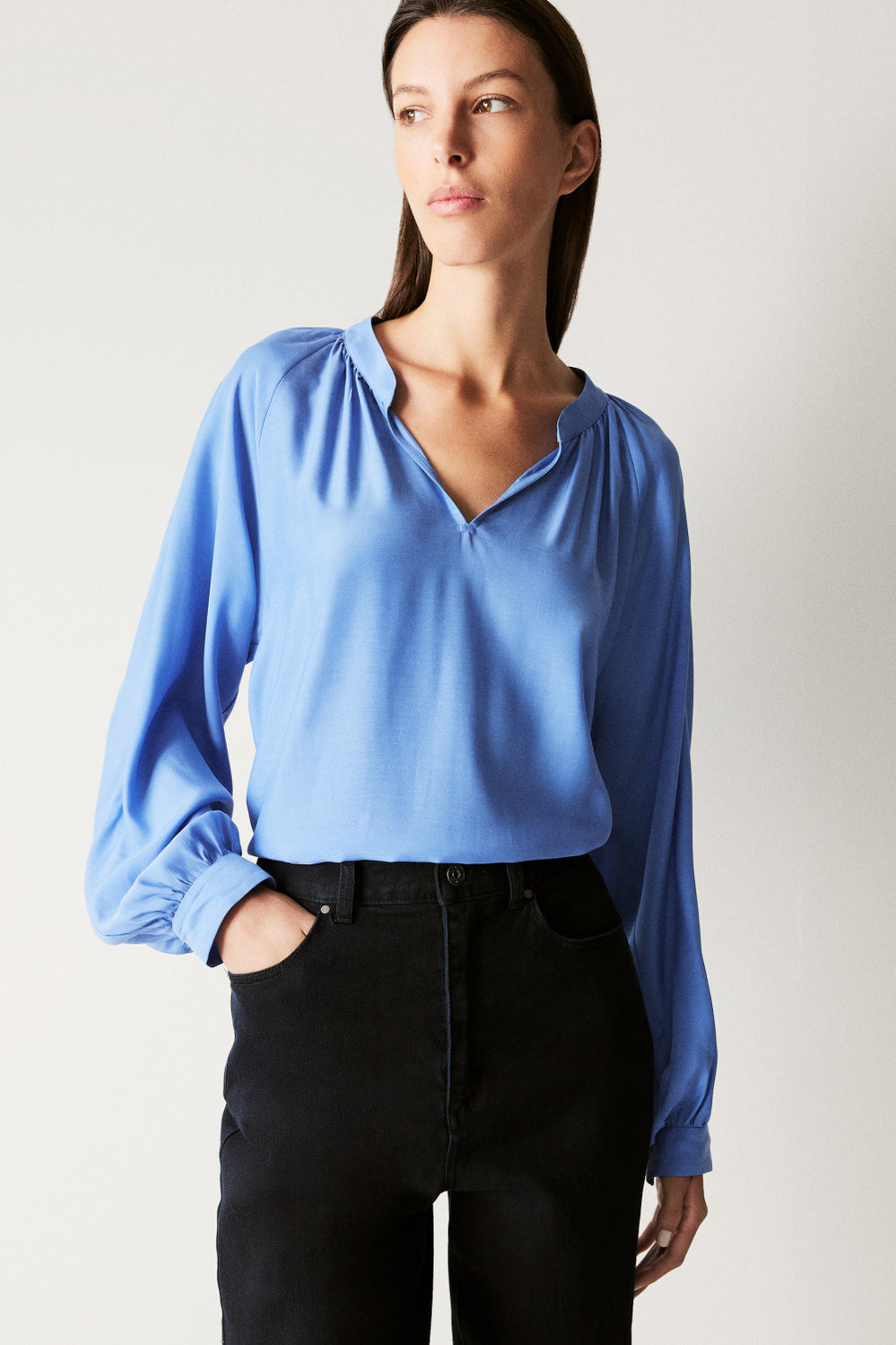 Cupro Blend Blouson Sleeve Blouse
