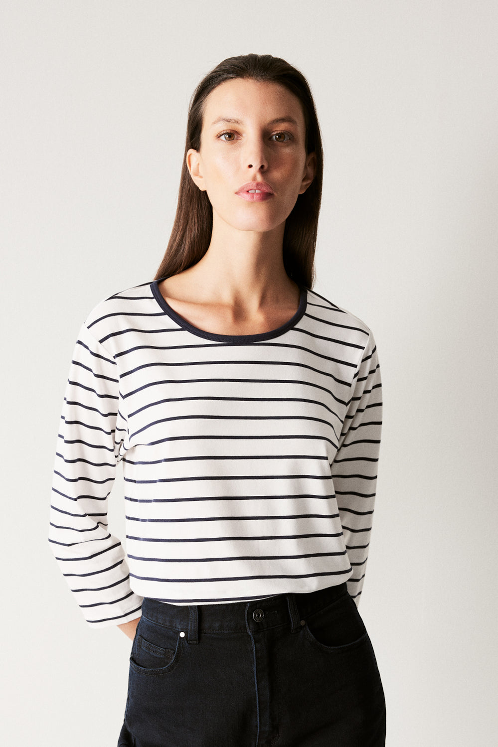 Cotton Jersey Stripe 3/4 Sleeve T-Shirt