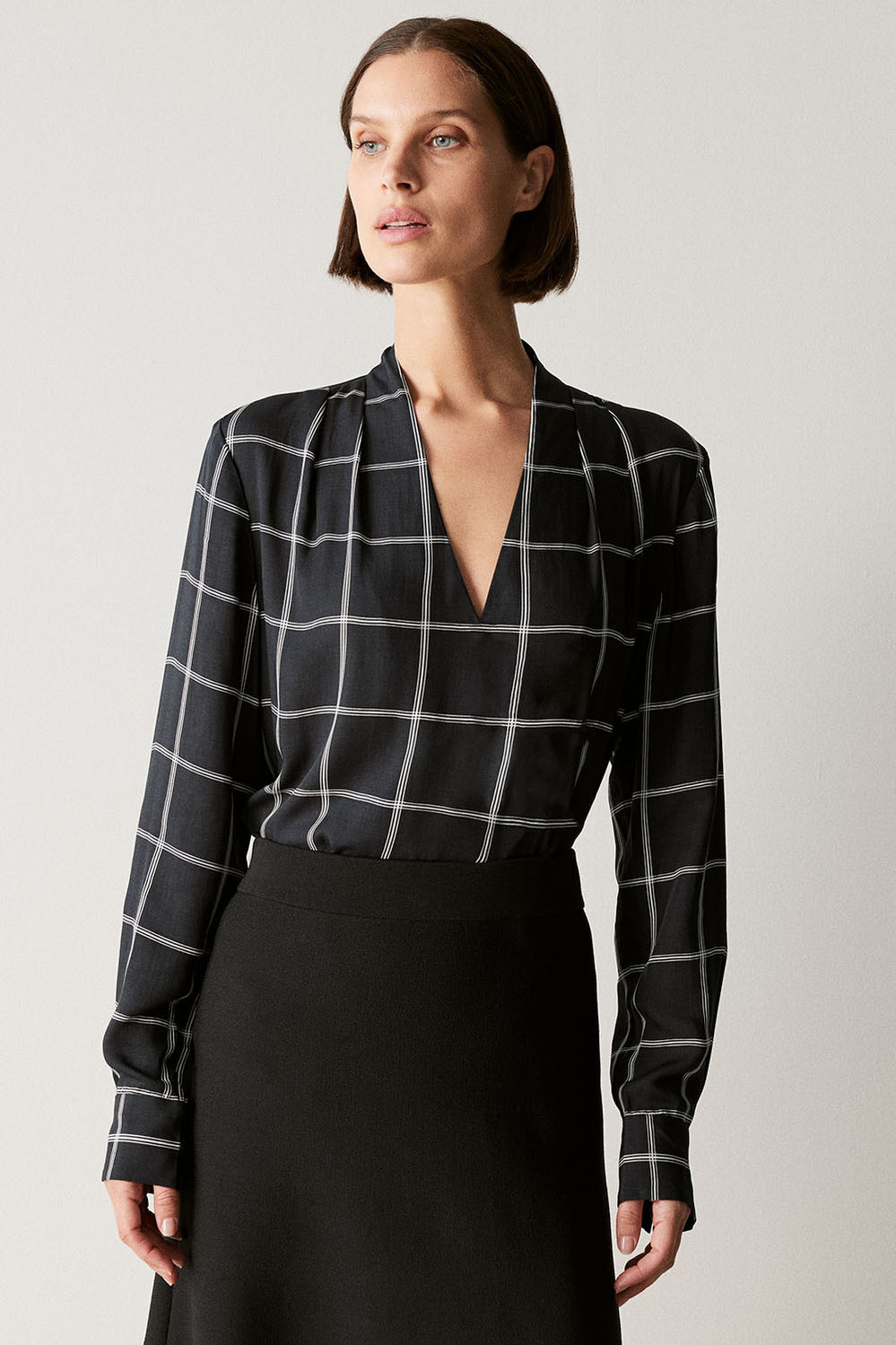Modal Windowpane Check V Neck Blouse