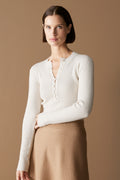 Wool Cotton Blend Rib Button Front Knit
