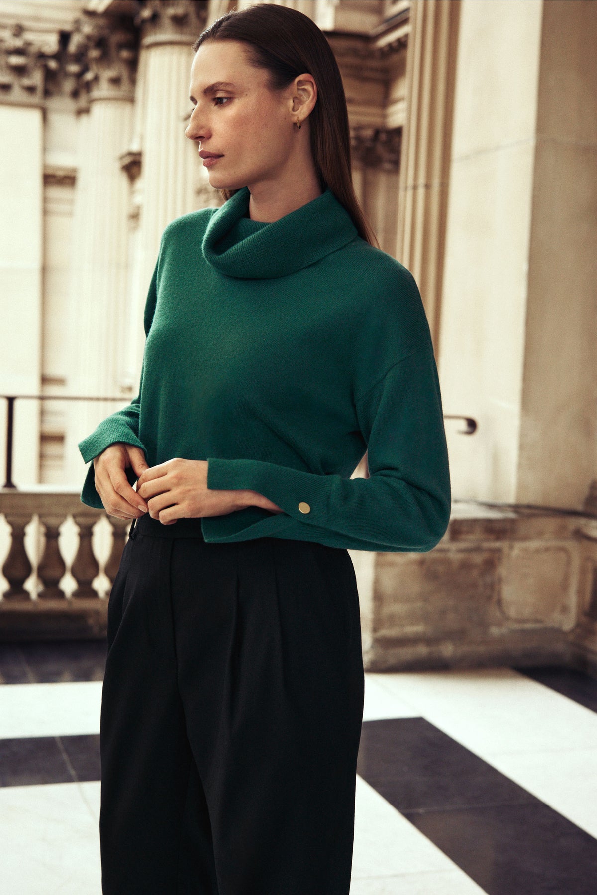 Wool Blend Button Detail Relaxed Rollneck
