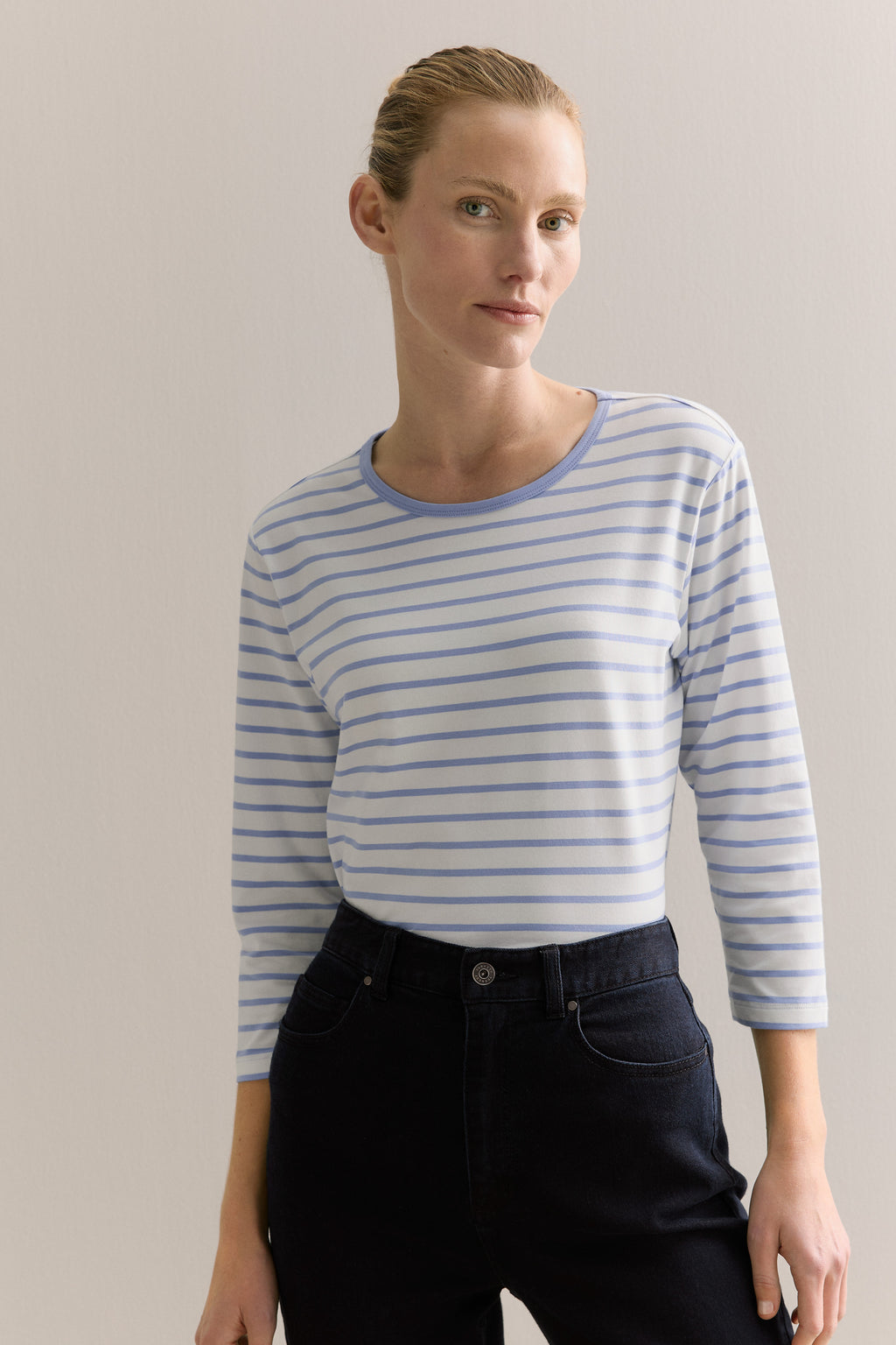 Cotton Stripe 3/4 Sleeve T-Shirt