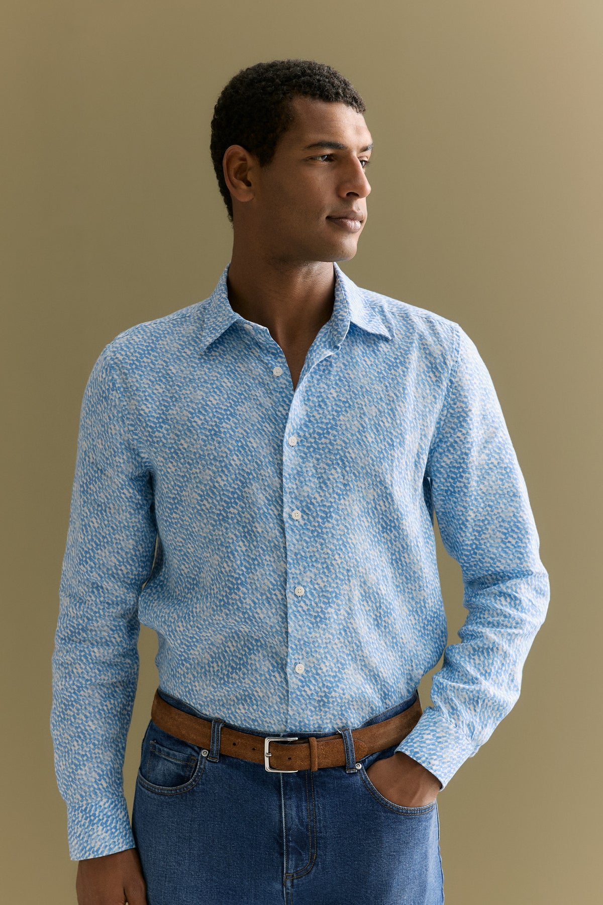 Tailored Fit Linen Abstract Tile Print Shirt