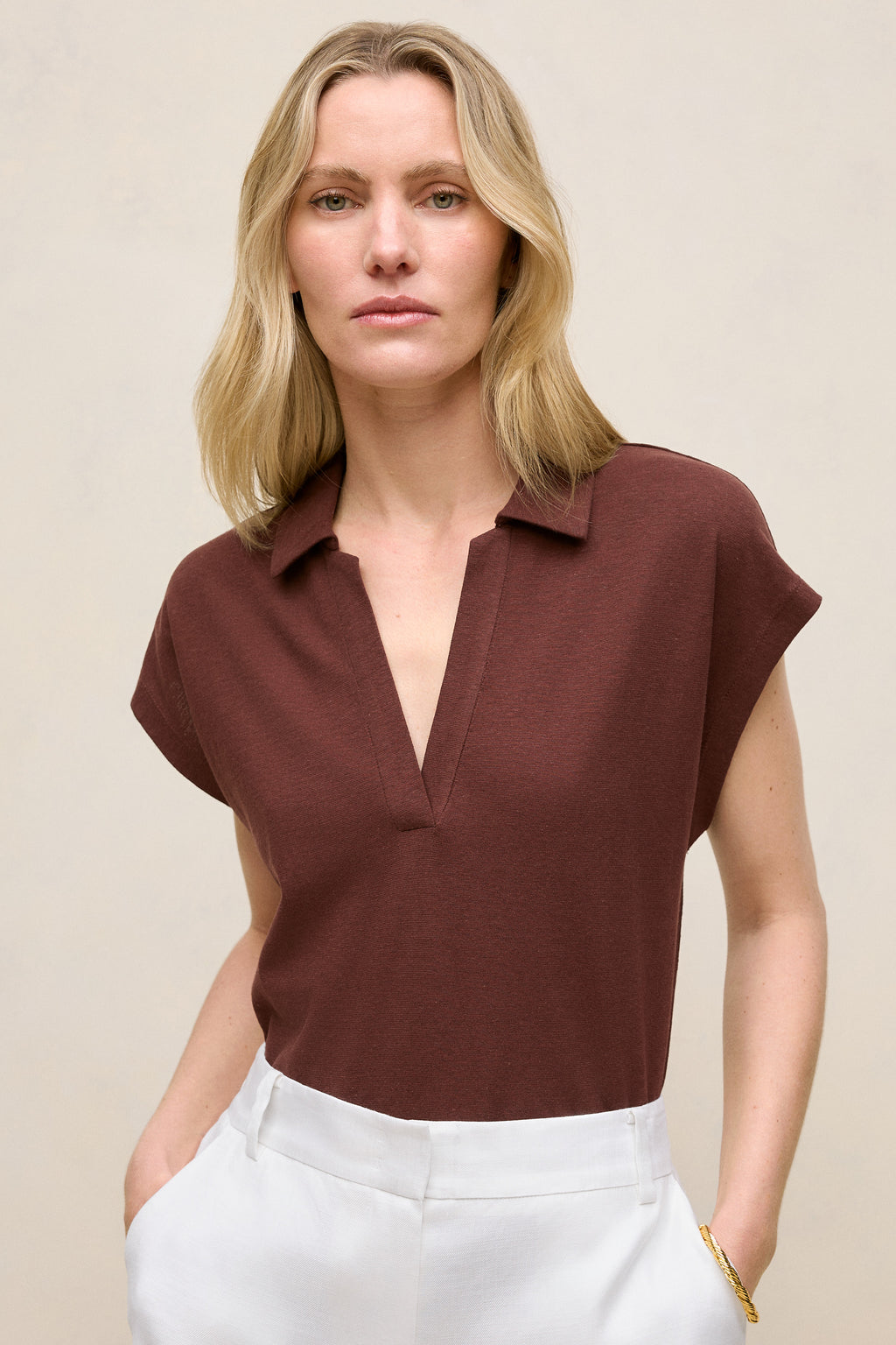 Linen Cotton Relaxed Cap Sleeve Polo