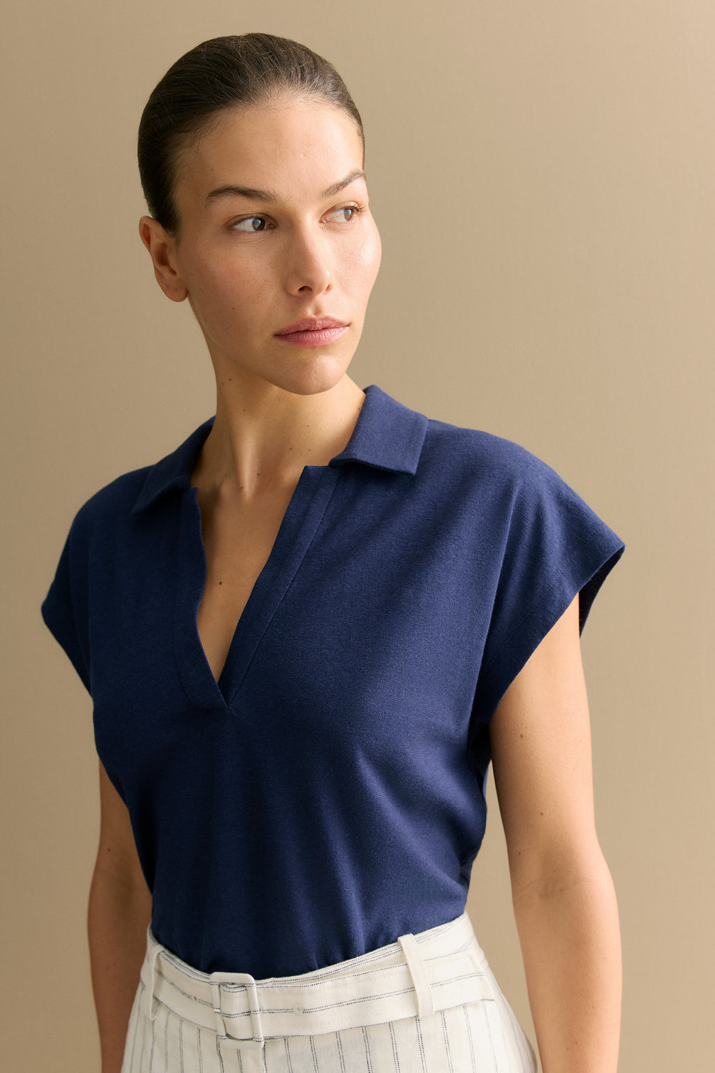 Linen Cotton Relaxed Cap Sleeve Polo