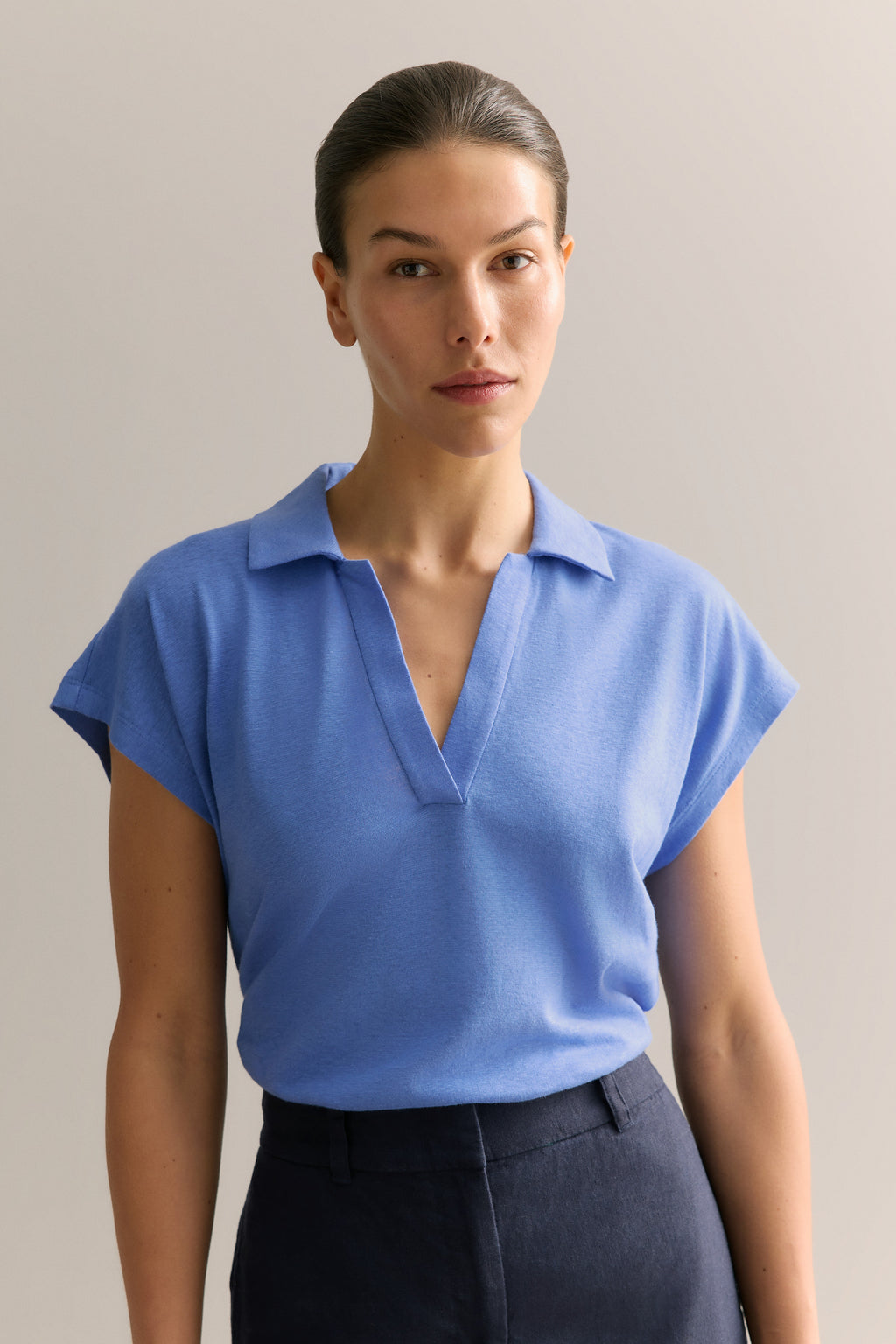 Linen Cotton Relaxed Cap Sleeve Polo