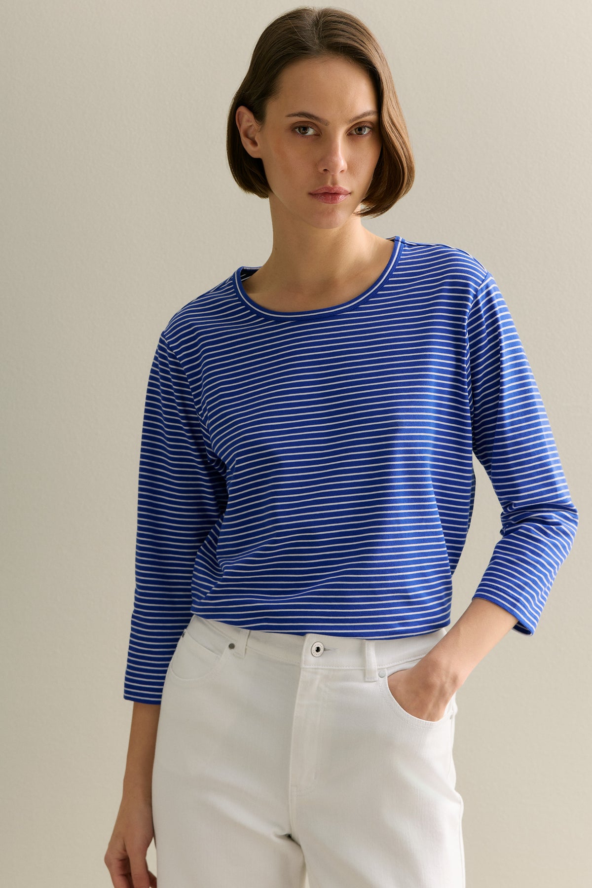 Cotton Stripe 3/4 Sleeve T-Shirt