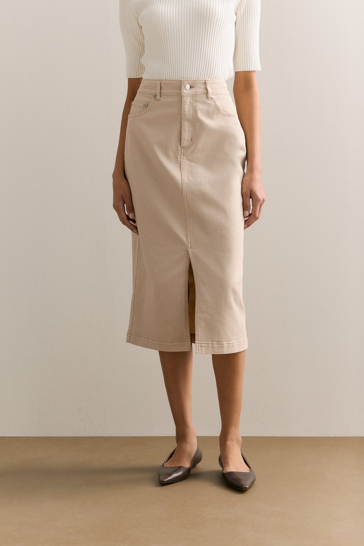 Cotton Blend Garment Dyed Denim Skirt