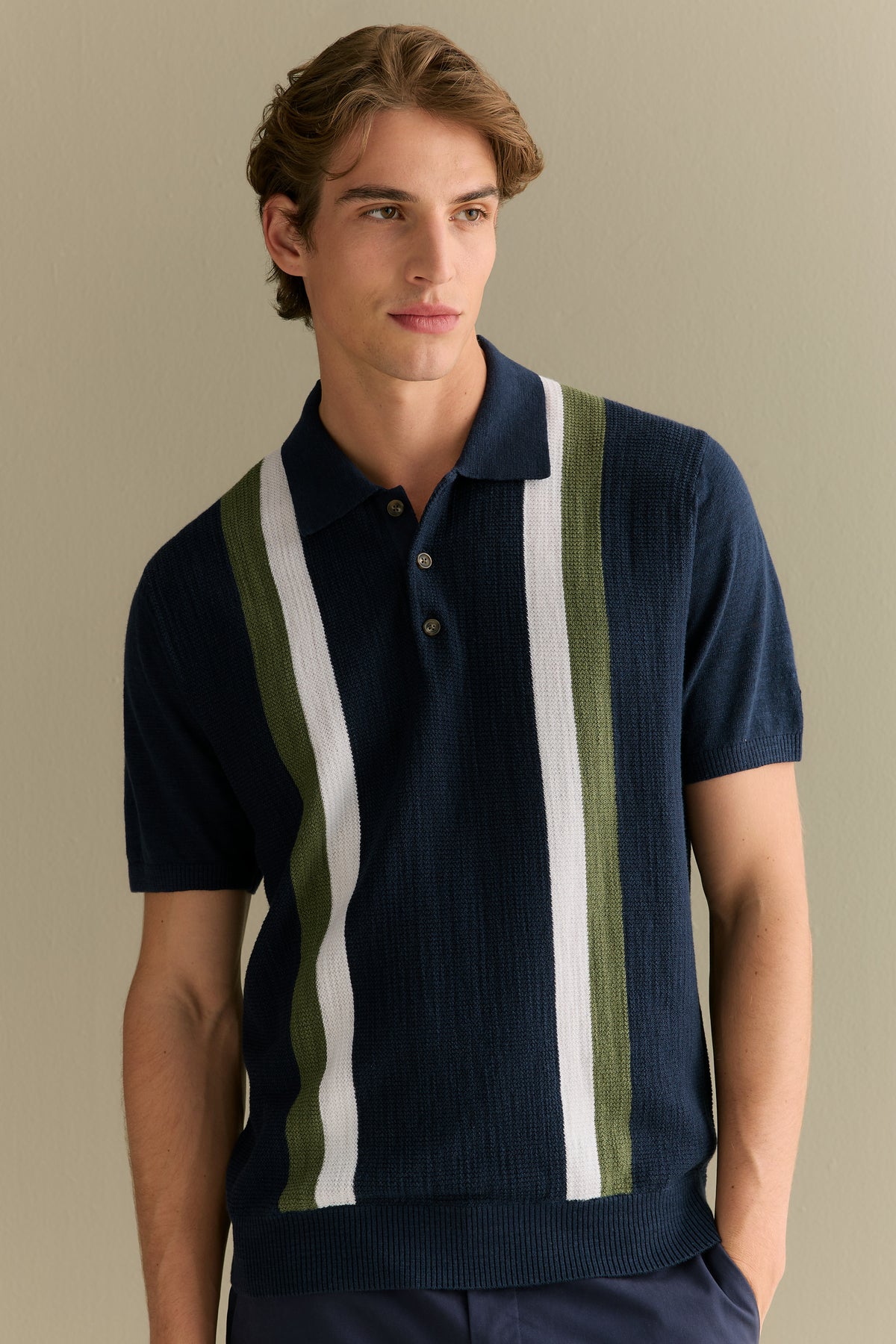 Cotton Linen Textured Stripe Polo