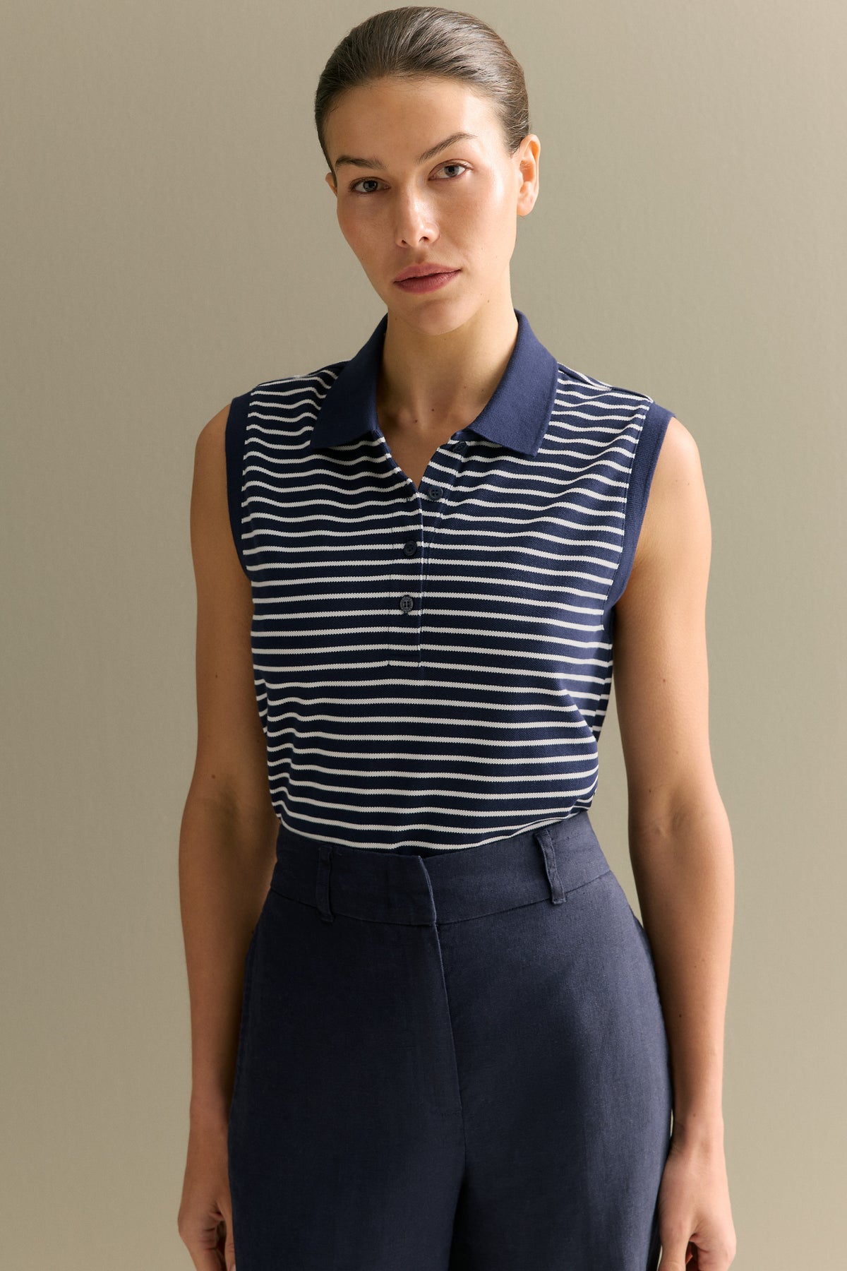 Cotton Stripe Sleeveless Polo Top