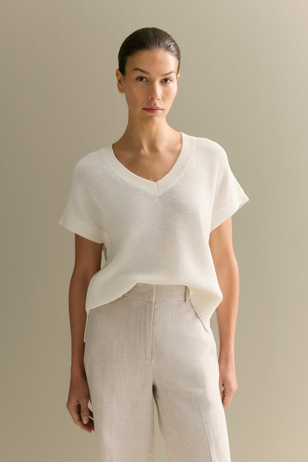 Mercerised Cotton Relaxed V Neck Knit