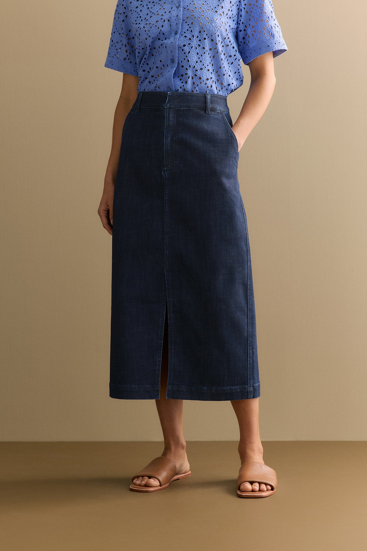 Cotton Blend Tailored Denim Skirt