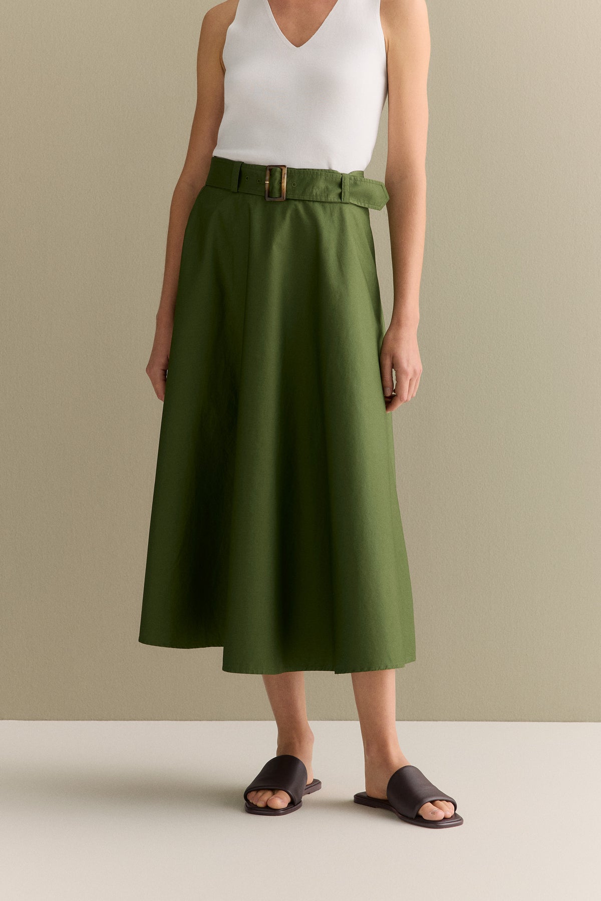 Cotton Sateen Belted Midi Skirt