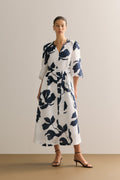 Palm Blouson Sleeve Tie Waist Dress
