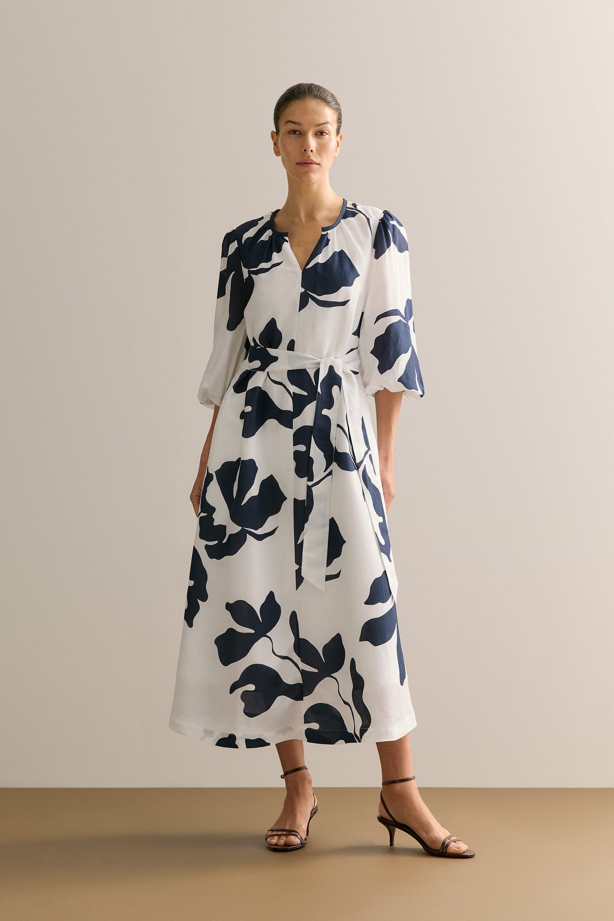 Palm Blouson Sleeve Tie Waist Dress