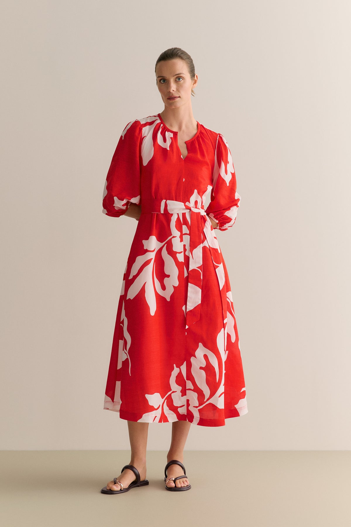 Stencil Palm Blouson Sleeve Tie Waist Dress