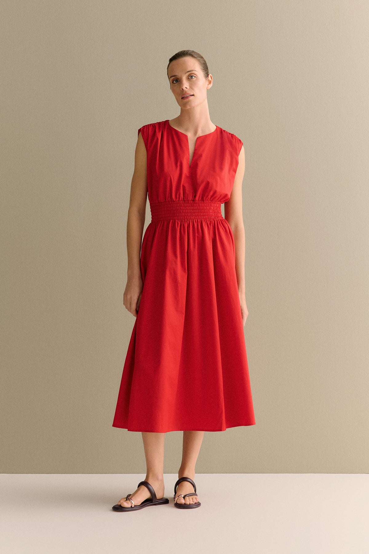 Cotton Sateen Shirred Waist Dress