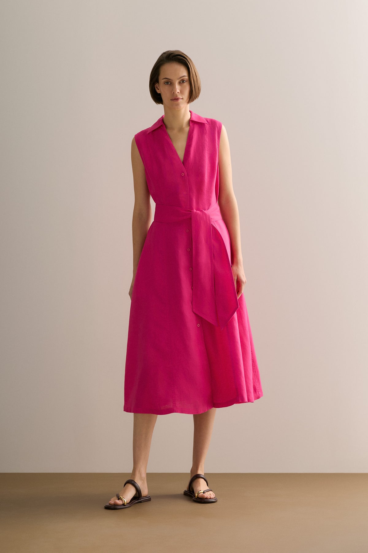 Linen Panel Detail Sleeveless Shirt Dress