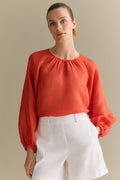 Linen Silk Crosshatch Gathered Blouse