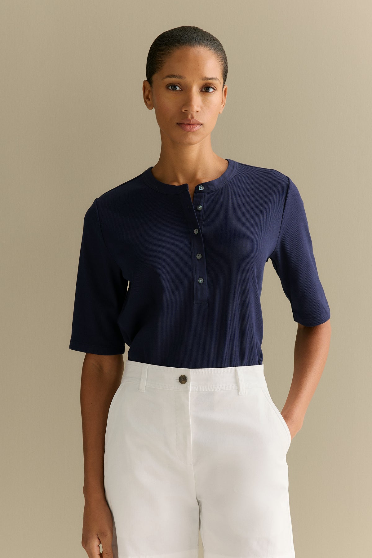 Cotton Rib Half Sleeve Henley