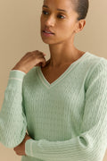 Cotton Cashmere Cable Tipped V Neck Knit