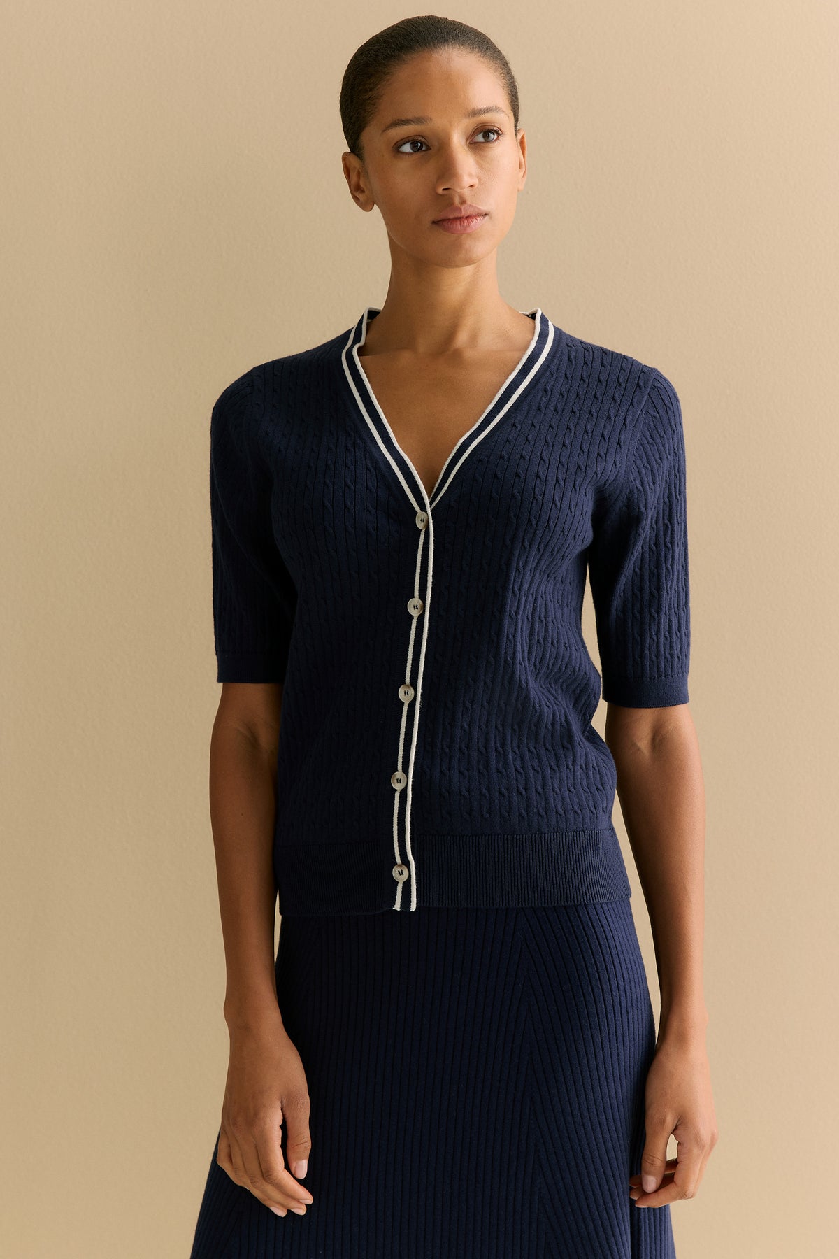 Cotton Cashmere Cable Half Sleeve Cardigan