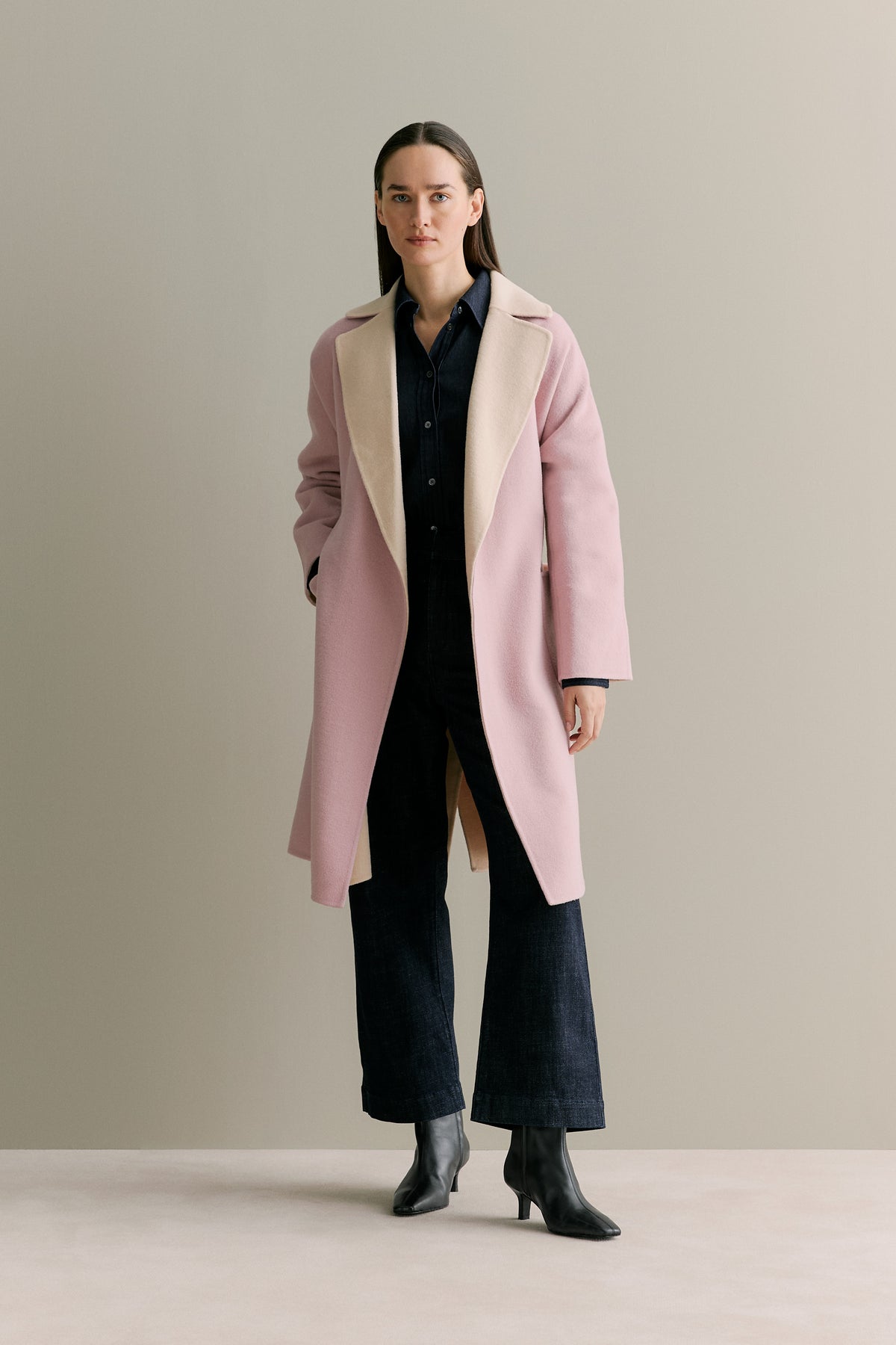 Double Faced Wool Contrast Wrap Coat