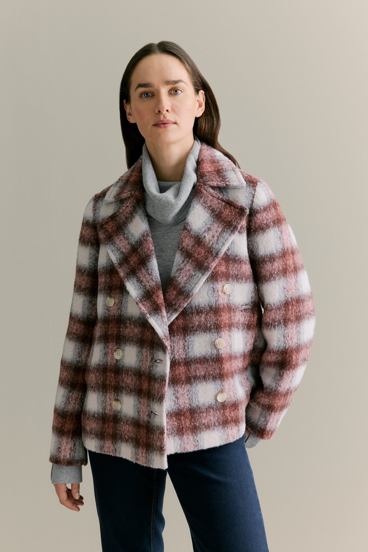 Wool Alpaca Blend Check Peacoat