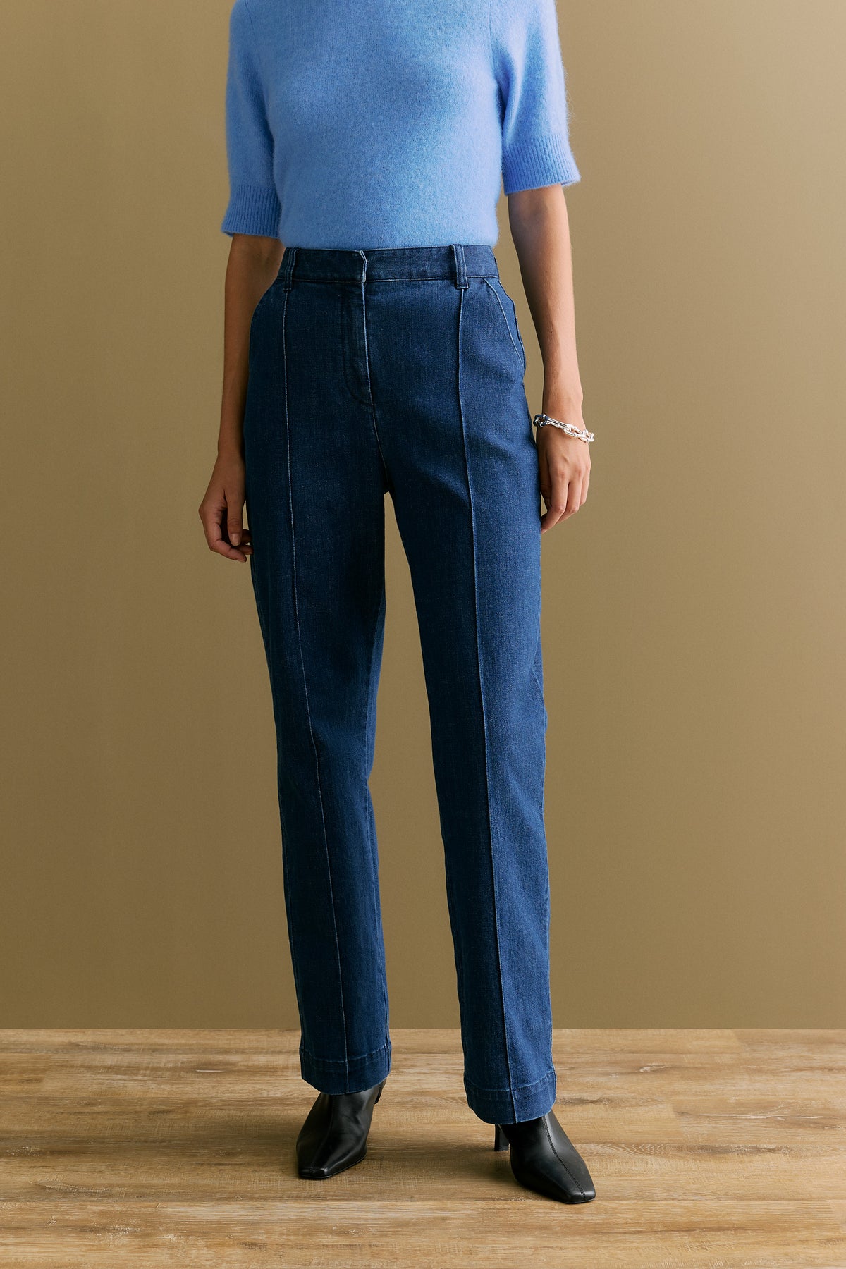 Cotton Blend Denim Pintuck Pant