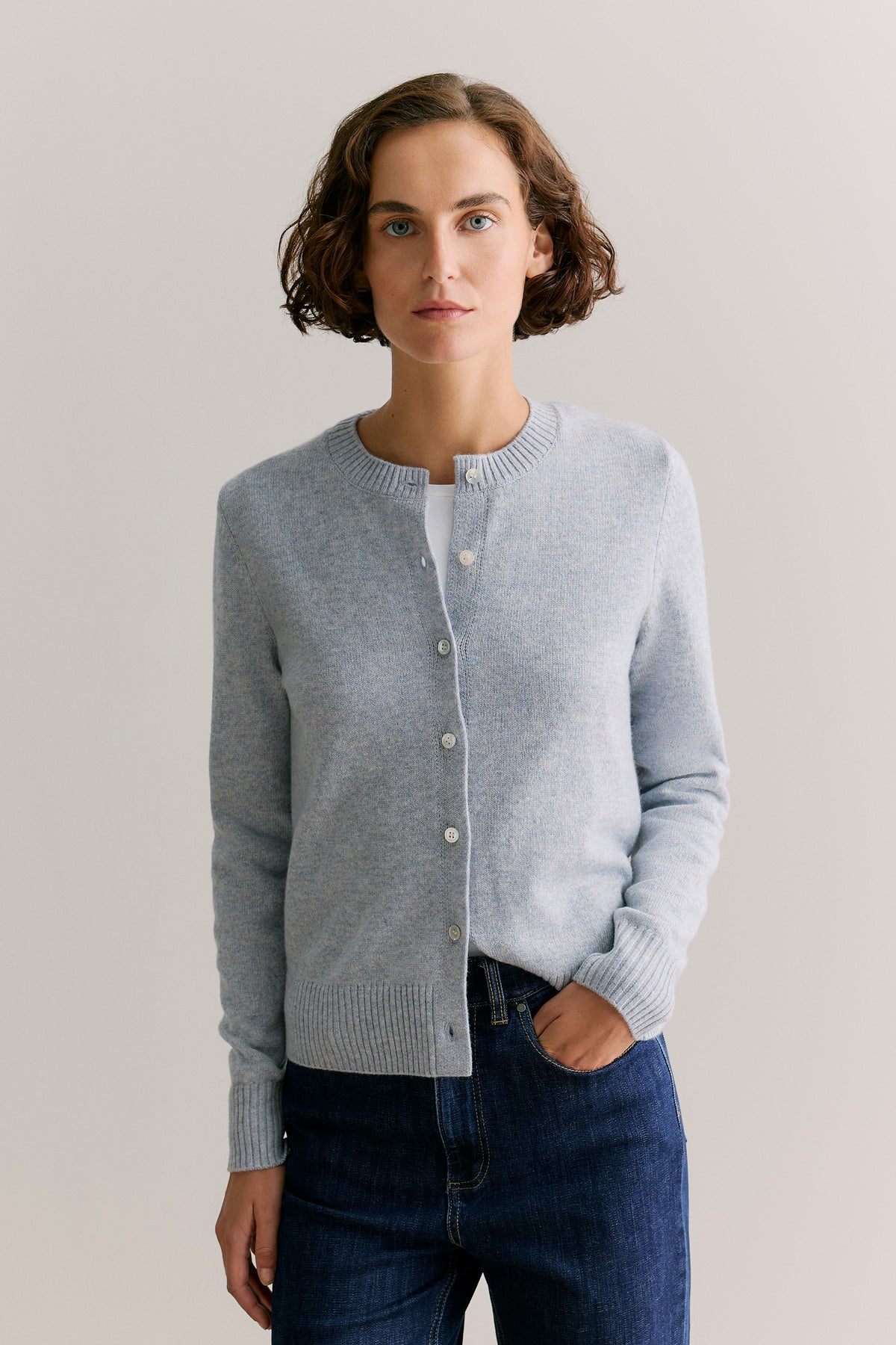 Wool Cashmere Speckled Crew Cardigan