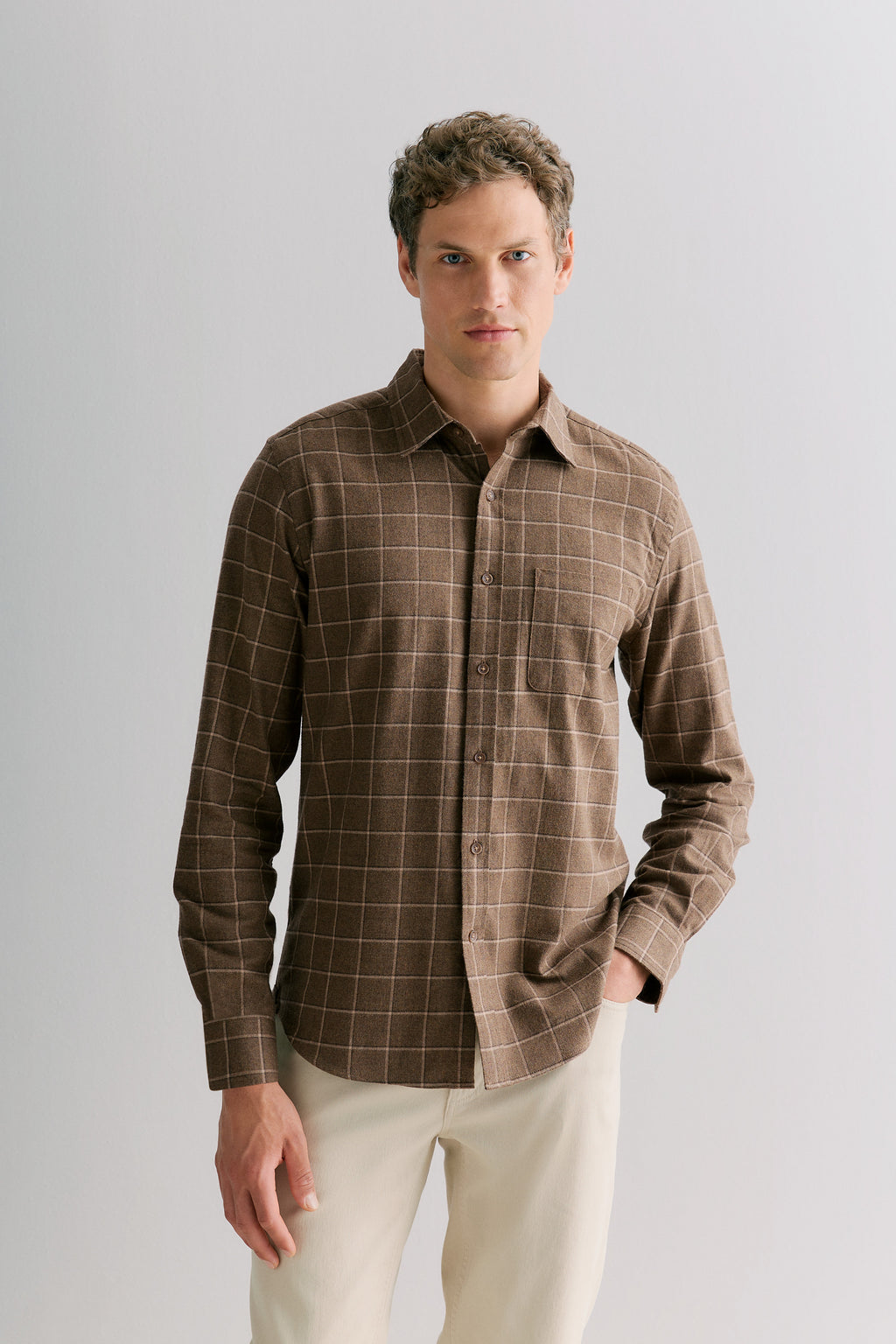 Regular Fit Brushed Windowpane Check Shirt