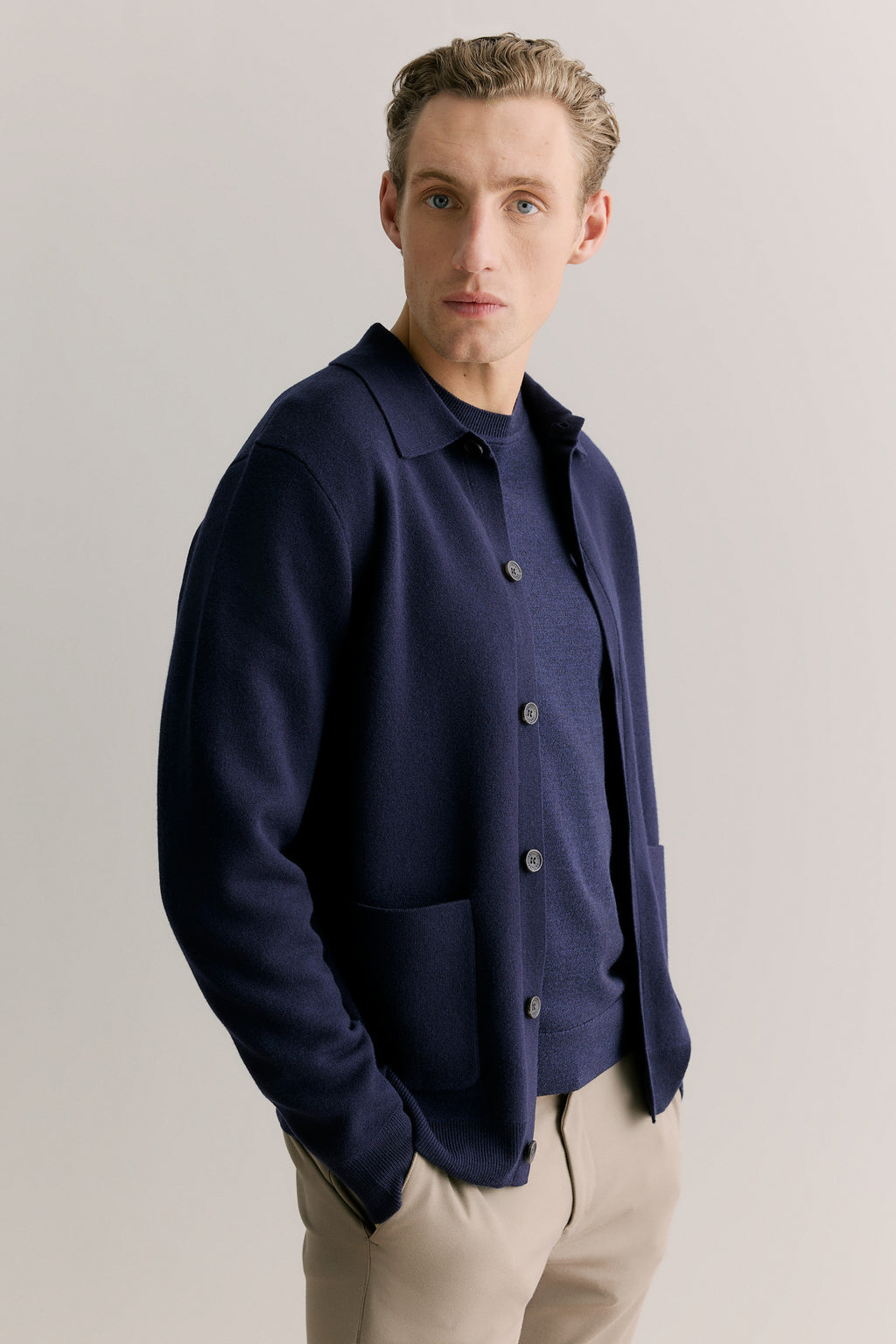 Merino Blend Double Knit Collared Cardigan