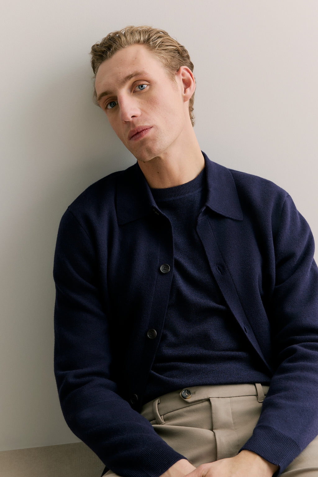 Merino Blend Double Knit Collared Cardigan
