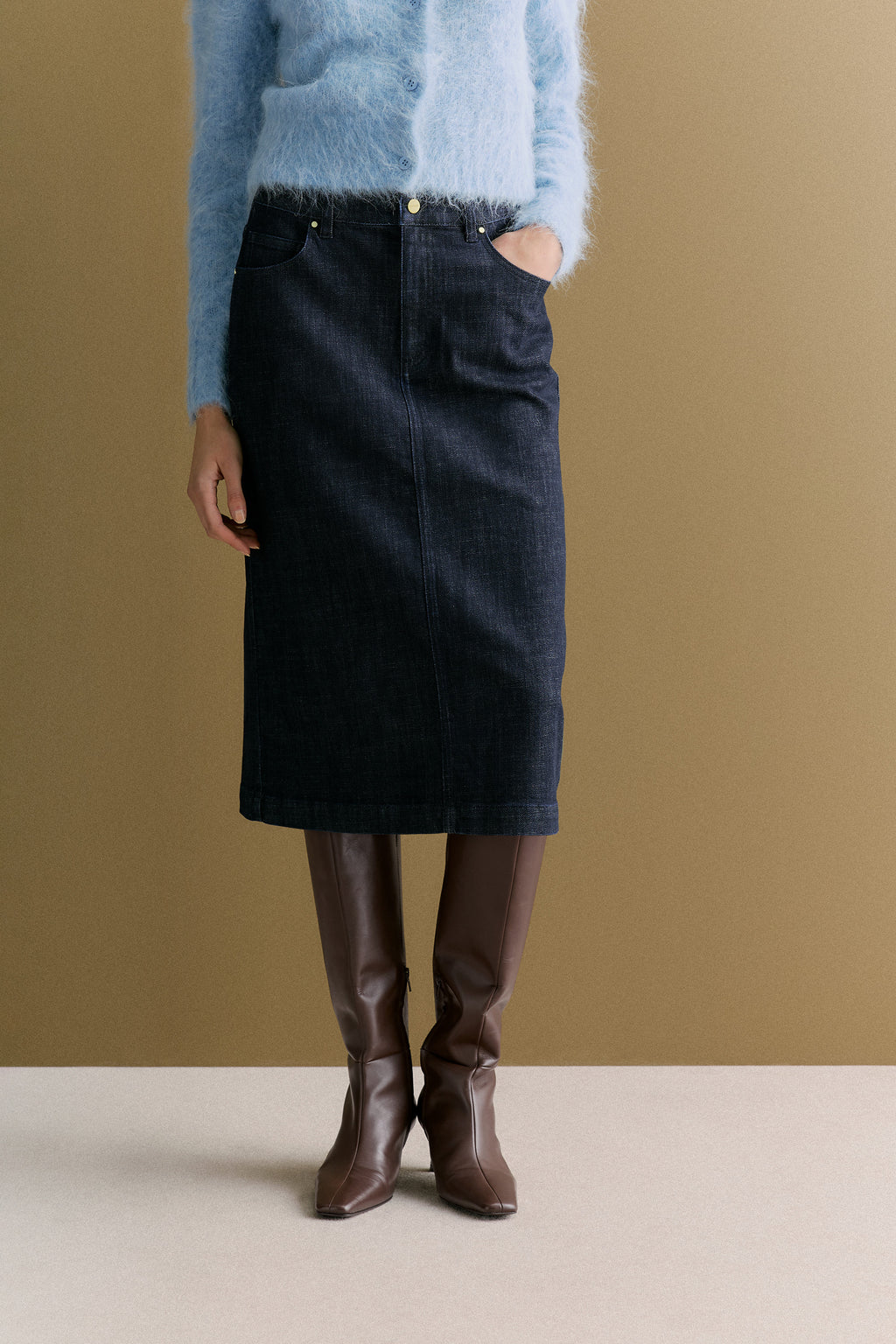 Cotton Blend Longline Denim Skirt
